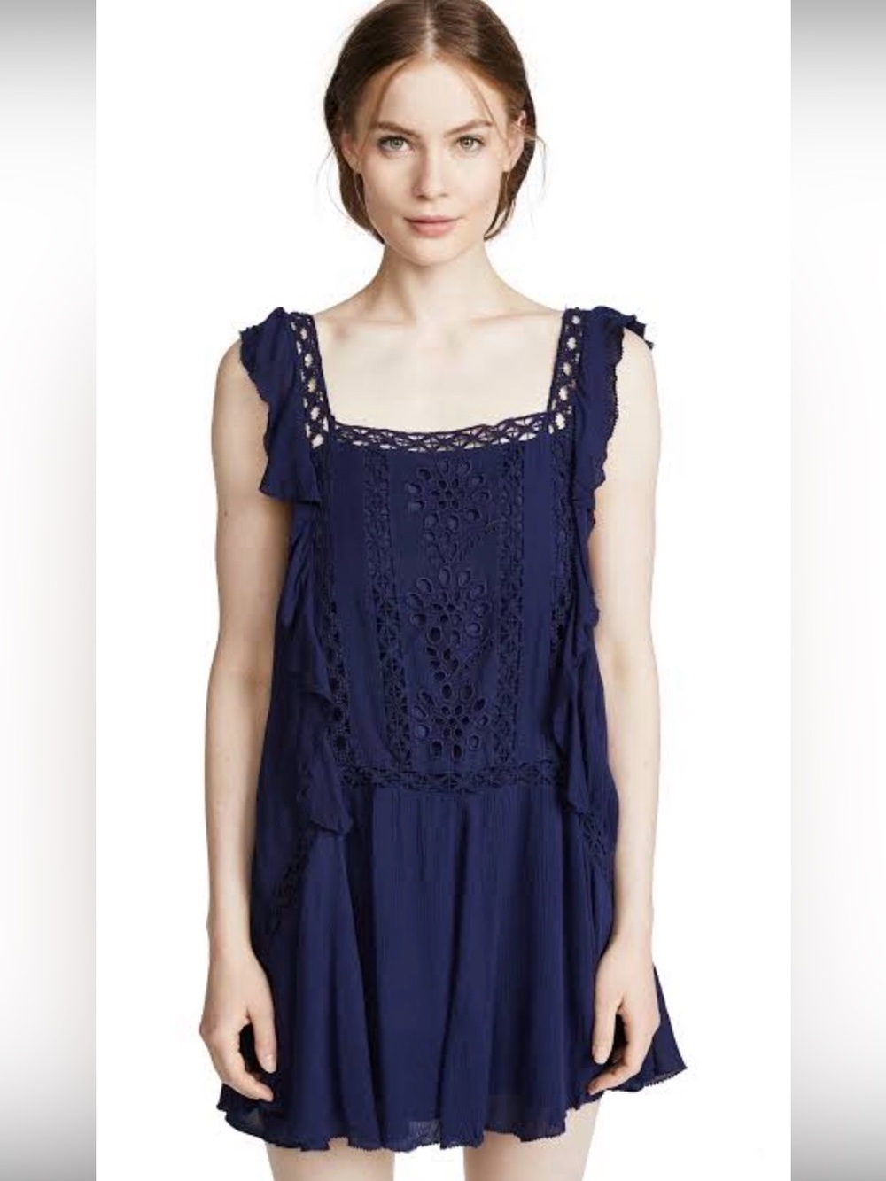 Free People Navy Blue Lace-Trim Sleeveless mini dress. Large. EUC.